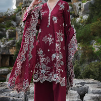 IMAGE-3PC DHANAK EMBROIDERED SHIRT WITH CHIFFON EMBROIDERED DUPATTA AND EMB TROUSER - 14113