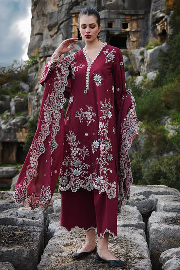IMAGE-3PC DHANAK EMBROIDERED SHIRT WITH CHIFFON EMBROIDERED DUPATTA AND EMB TROUSER - 14113