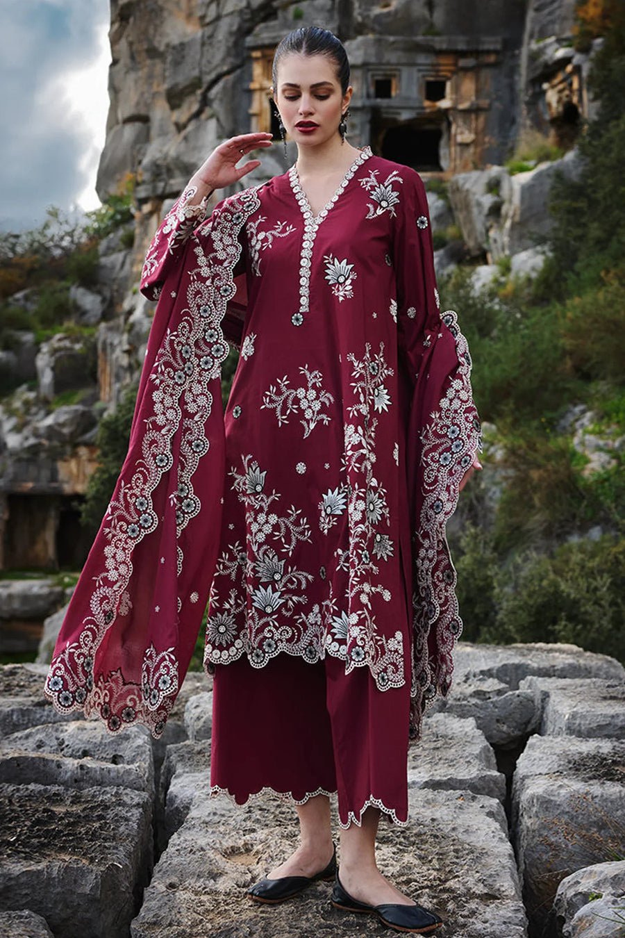 IMAGE-3PC DHANAK EMBROIDERED SHIRT WITH CHIFFON EMBROIDERED DUPATTA AND EMB TROUSER - 14113