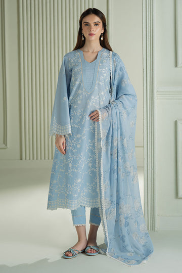 CROSS STITCH-3PC DHANAK EMBROIDERED SHIRT WITH COUTRAI PRINTED SHAWL AND TROUSER-14109
