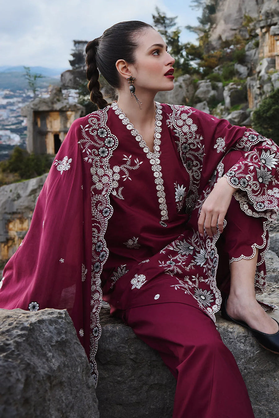 IMAGE-3PC DHANAK EMBROIDERED SHIRT WITH CHIFFON EMBROIDERED DUPATTA AND EMB TROUSER - 14113