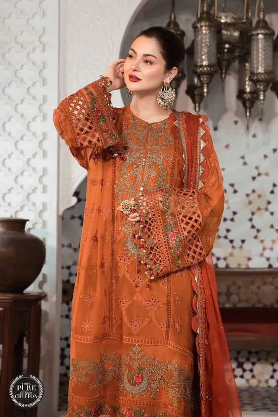 MARIA.B-3PC DHANAK EMBROIDERED SHIRT WITH CHIFFON EMBROIDERED DUPATTA & TROUSER - 14077