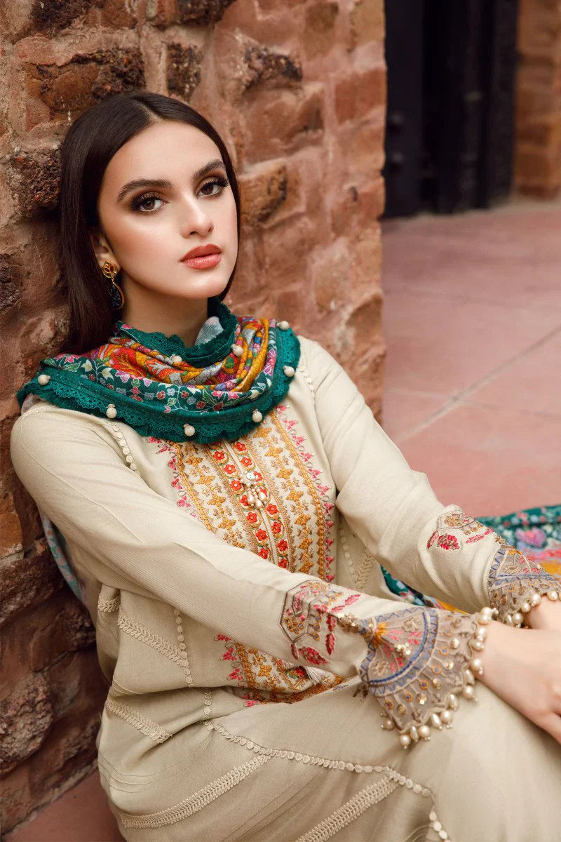 MARIA.B-3PC DHANAK EMBROIDERED SHIRT WITH COUTRAI PRINTED SHAWL AND TROUSER-14030