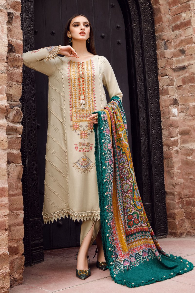 MARIA.B-3PC DHANAK EMBROIDERED SHIRT WITH COUTRAI PRINTED SHAWL AND TROUSER-14030