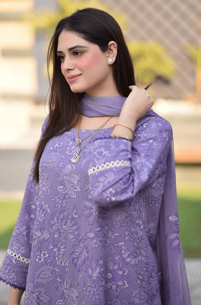 BAREEZE-3PC DHANAK EMBROIDERED SHIRT WITH CHIFFON EMBROIDERED DUPATTA AND TROUSER BIC - 14163