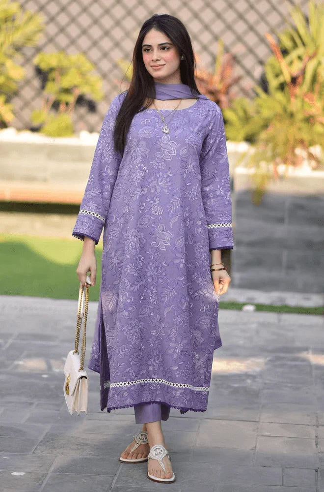 BAREEZE-3PC DHANAK EMBROIDERED SHIRT WITH CHIFFON EMBROIDERED DUPATTA AND TROUSER BIC - 14163