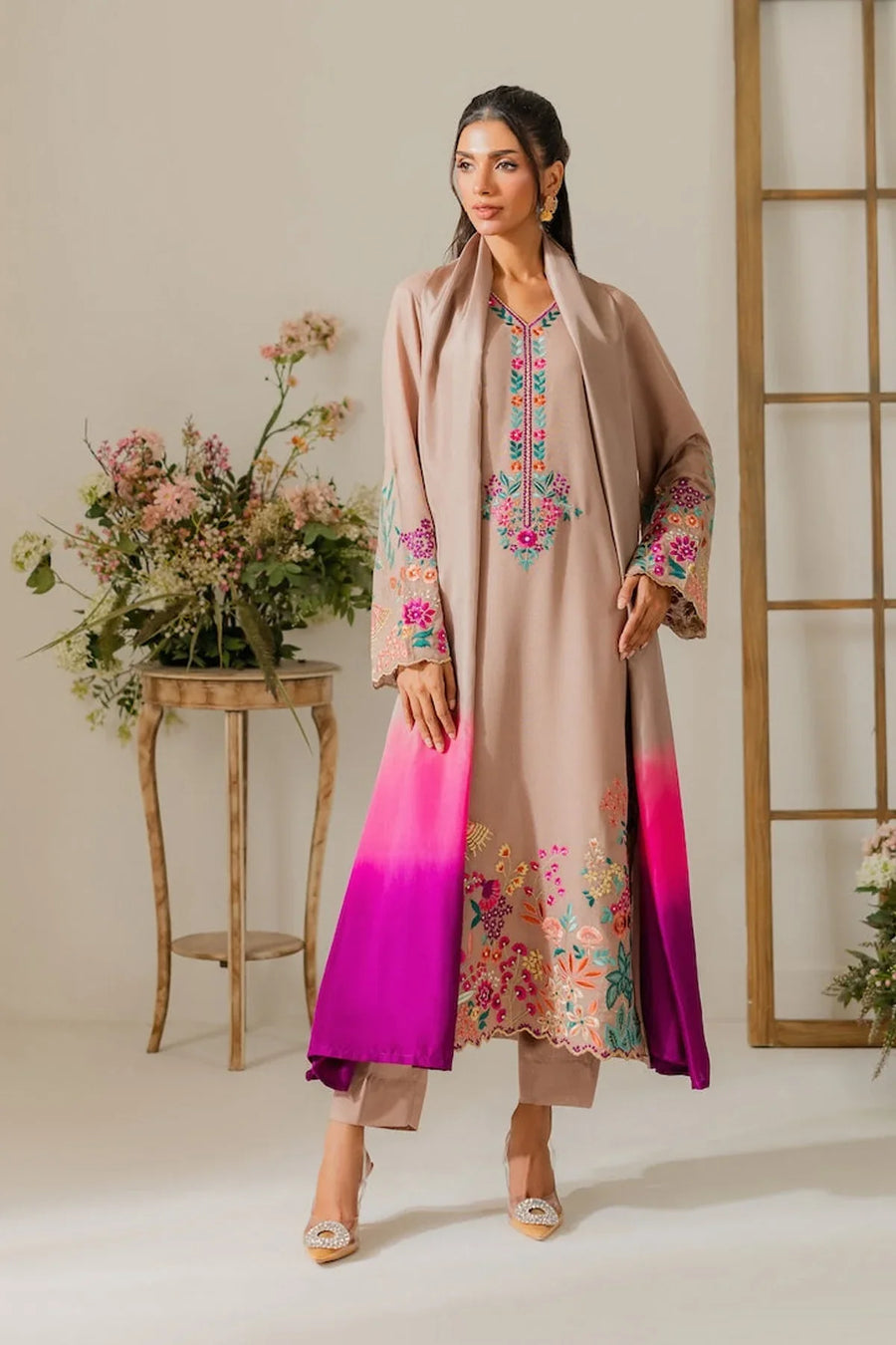 VINTAGE 3PC DHANAK EMBROIDERED SHIRT WITH TYE & DYE CHIFFON DUPATTA AND TROUSER-14265