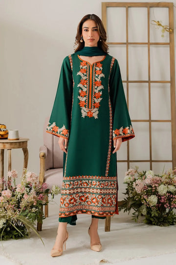 VINTAGE-3PC DHANAK EMBROIDERED SHIRT WITH BAMBER CHIFFON DUPATTA & TROUSER-4248