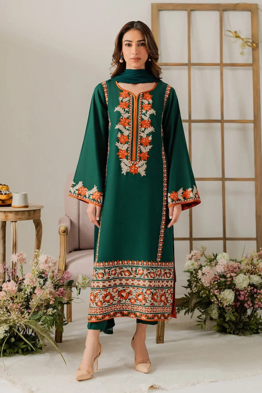 VINTAGE-3PC DHANAK EMBROIDERED SHIRT WITH BAMBER CHIFFON DUPATTA & TROUSER-4248